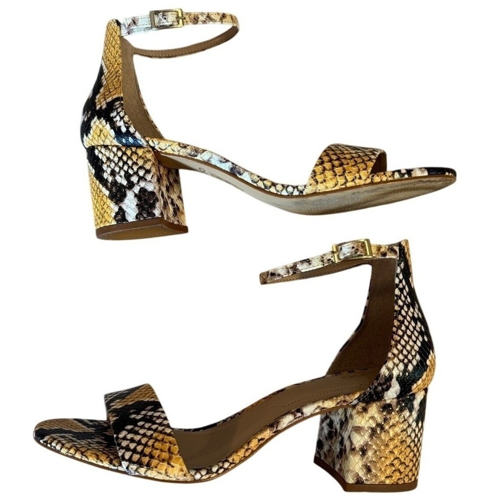 Aldo Block Heel Sandals Women 8.5 Yellow Black Snakeskin Ankle Strap EUC Summer